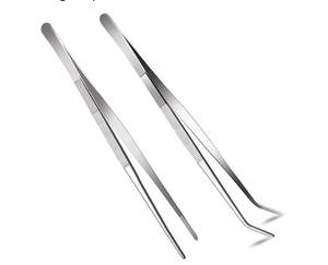 lot 58809 image: 2 Pcs 12 Inch Long Handle Stainless Steel Straight and Curved Tweezers Nippers, Set with Serrated Tips Comfortable Ridged Handle for Garden, Kitchen, Indoors and Outdoors - Retail $9
