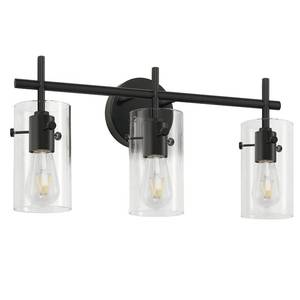 lot 61531 image: Indoi Bathroom Light Fixtures, 3-Light Matte Black Vanity Light, Black Bathroom Lights Over Mirror with Clear Glass Shade, Wall Sconces for Mirror Bedroom Living Room Hallway - Retail $40