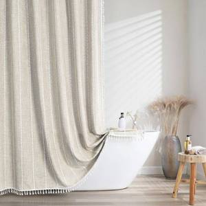 lot 61560 image: Meioro Boho Farmhouse Striped Shower Curtain, 330GSM Linen Woven Fabric Shower Curtain Set with Tassel, Water Repellent Rustic Bohemian Thick Cloth Shower Curtains for Bathroom, Taupe, 72x78 - Retail $15
