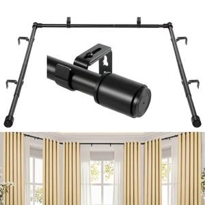 lot 61568 image: Anndason 1 Inch Bay Window Curtain Rods Corner Curtain Rods Set 30-87 Inch Center Rod for Windows 30-63 Inch Side Rods,Curtain Rods Set (Black) - Retail $35