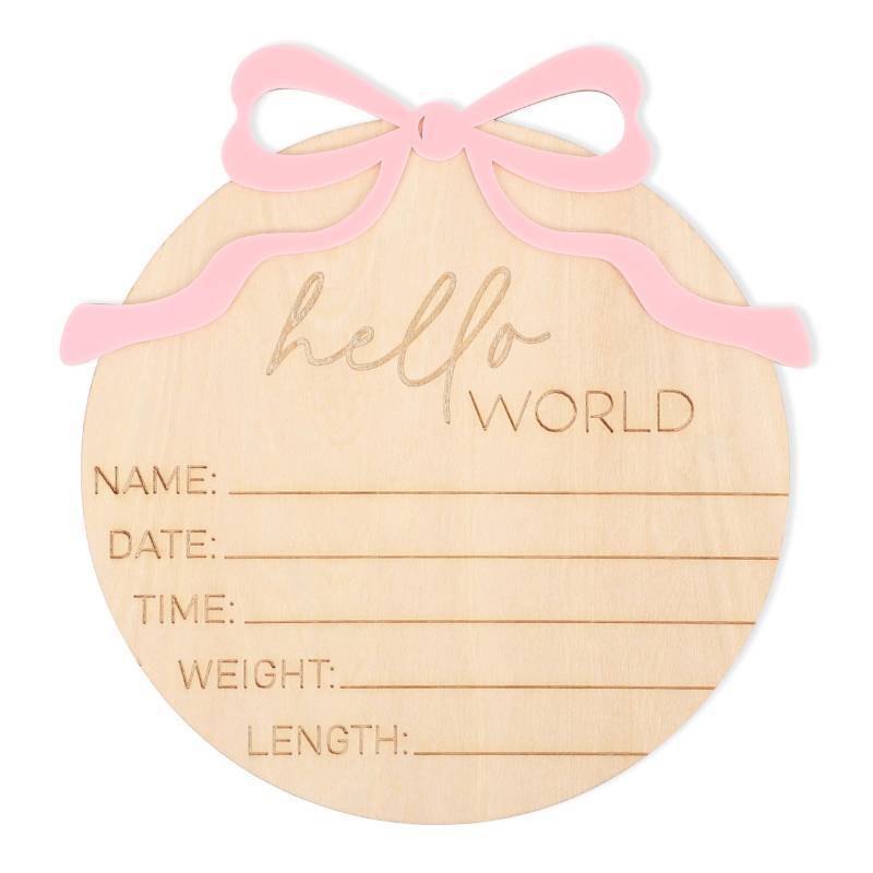 lot 41183 image: Hello World Bow Wooden Baby Announcement Sign - Baby Girl Birth Announcement,Personalized Baby Name Sign,Bow Birth Stats Sign Newborn Photo Prop,Welcome To The World Sign - Retail $17