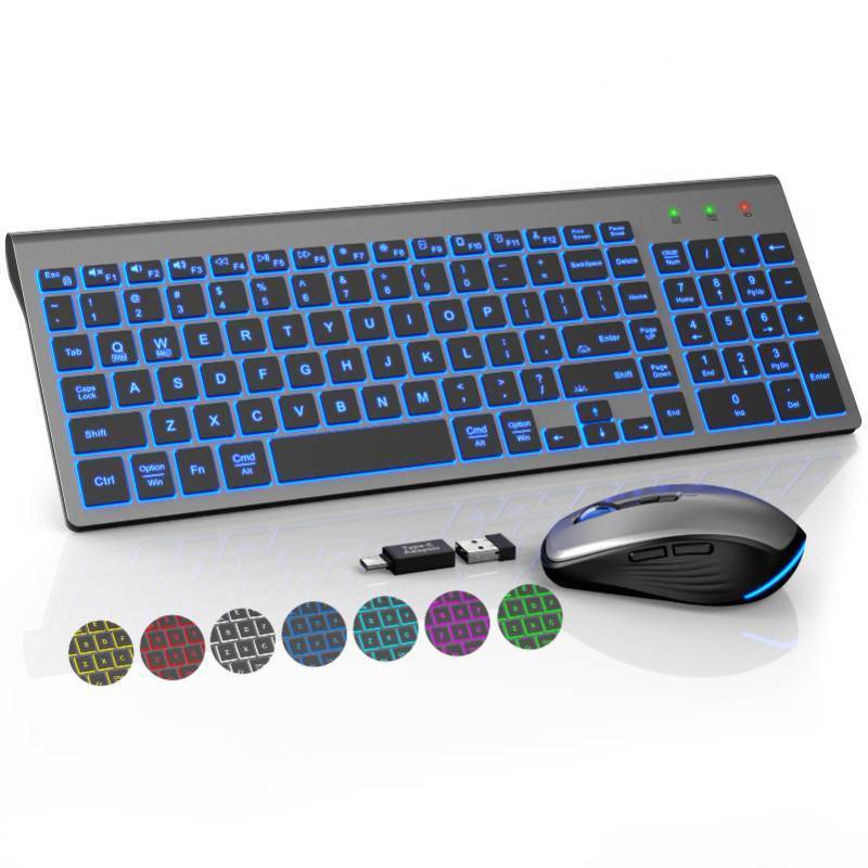 lot 44482 image: SABLUTE Wireless Keyboard and Mouse Combo Backlit - Compact Quiet Keyboard with RGB Mouse, Rechargeable, Slim, Sleep Mode, Portable Cordless Keyboard Mouse Set for Mac, Windows, Laptop (Space Gray) - Retail $40
