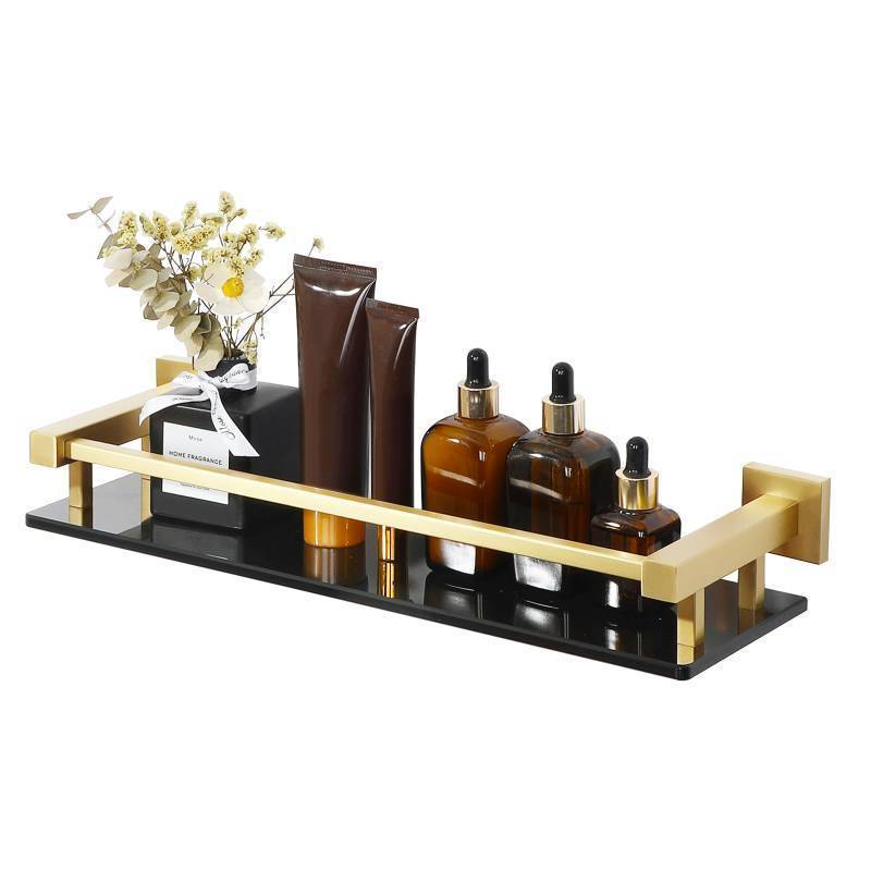lot 49645 image: Alise Bathroom Glass Shelf with Stainless Steel Railing, Gold Small Tempered Glass Floating Wall Shelf Over The Toilet, 16 inch - Retail $39
