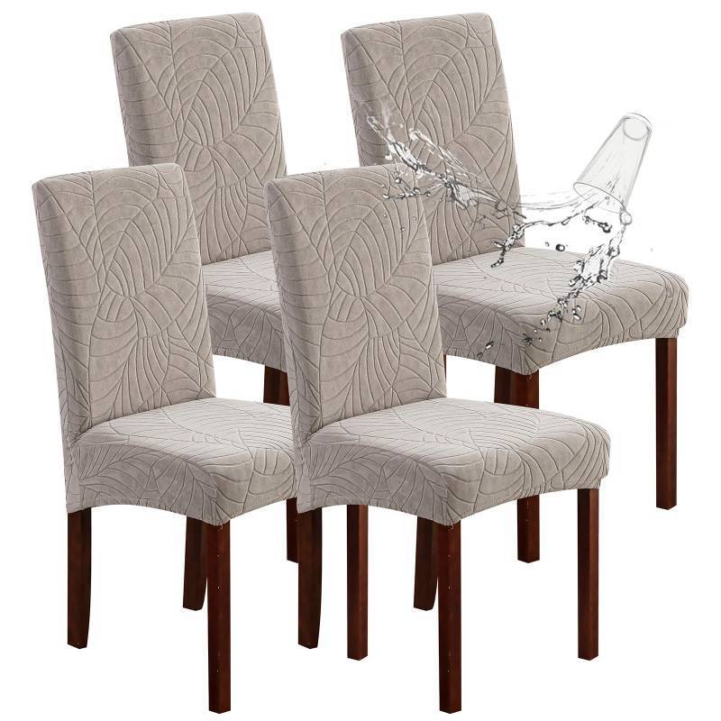 lot 50465 image: Genina 100% Waterproof Chair Covers for Dining Room Set of 4, Stretch Parson Chair Slipcovers for Kitchen Chairs, Washable Chair Protectors, Leaves-Warm Gray - Retail $20