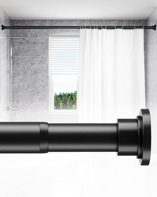 lot 50475 image: ALLZONE Adjustable Tension Curtain Rod, 42 to 78 Inches, Spring Loaded Curtain Rods No Drilling, Renter Friendly Tension Rod for Windows, Shower, Closet, No Drill, Non-Slip, Black - Retail $24