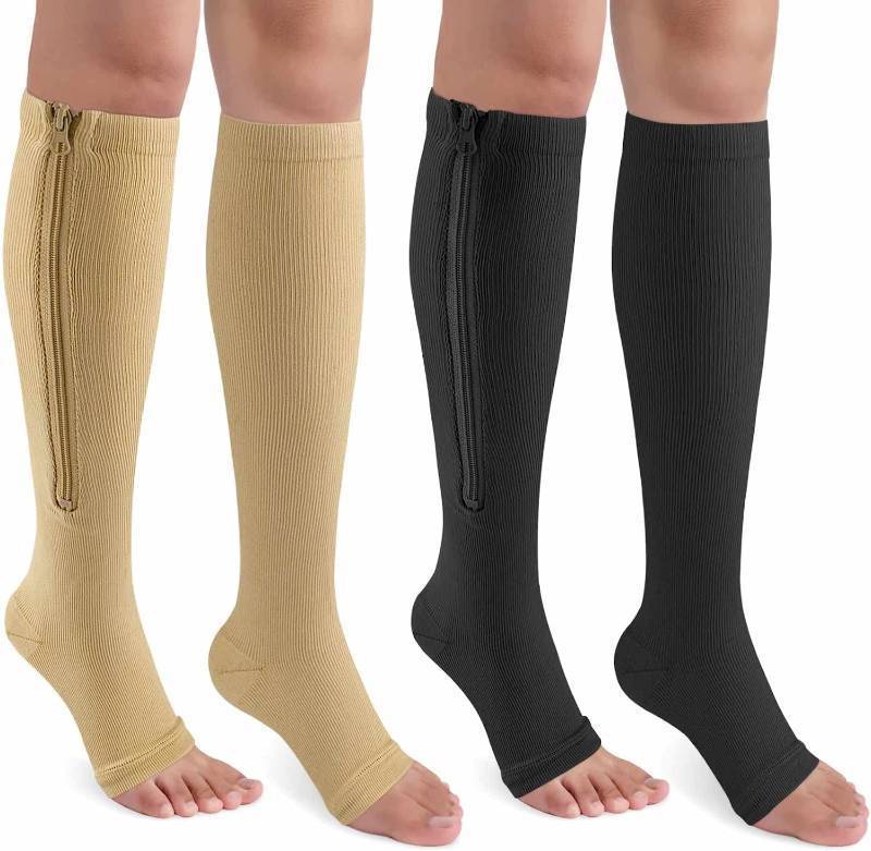 lot 50893 image: CASMON 2 Pairs Zipper Compression Socks for Women & Men, 15-20 mmHg Open Toe Knee High Support Socks for Varicose Vein Edema - Retail $16