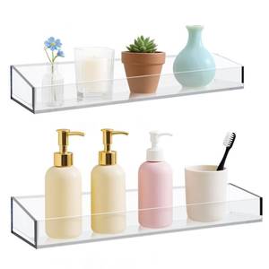 lot 44799 image: Acrylic Bathroom Shelves Set of 2,15 Thick Wall Mounted Floating Shelves -Transparent Shower Organizer Storage and Display Shelving Clear Adhesive Wall Rack for Bedroom,Kitchen,Ofiice,Living Room - Retail $22