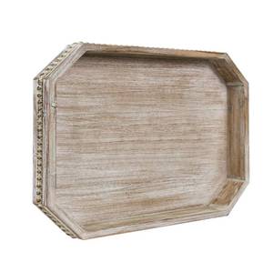 lot 44820 image: MAONAME Wood Serving Tray, Farmhouse Wooden Tray for Coffee Table, Octagonal Beaded Trays, Washed White Decorative Trays for Living Room, Kitchen, 15.7 X 10.2 X 1.6 - Retail $32