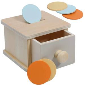 lot 44832 image: Montessori Coin Box, Montessori Toys for 1 Year Old Toddler Coins, Baby Wooden Toy Ball Infant Drawer Drop, 1 Baby Essentials Object Permanence Learning - Retail $10