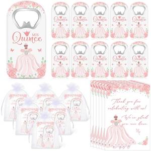 lot 44835 image: Yiyiring 50 Sets Quinceanera Party Favor Gifts for Guests Bottle Opener Fridge Magnet with Thank You Card and Organza Bag 15 Years Birthday Party Favors for Girls Souvenirs (Pink) - Retail $40