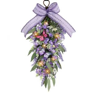 lot 44839 image: Jusdreen LED Teardrop Floral Wreath with Butterflies, Faux Lavender Hanging Decor with Lights for Farmhouse Home