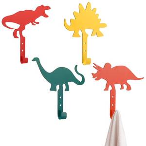 lot 44840 image: Otoolling 4 Pcs Fun Dinosaur Wall Hooks Bathroom Decor Metal Decorative Dinosaur Silhouette Shape Coat Hooks Wall Mounted for Bathroom Room Decor Nursery Towels Hats Umbrellas(Cartoon,Colorful) - Retail $18
