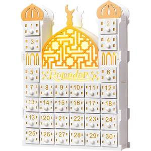 lot 44880 image: Glooglitter Wooden Ramadan Advent Calendar 30 Storage Drawers Ramadan Countdown Calendar 30 Days Advent Muslim Islam Castle Decorations for Eid Party Supplies - Retail $20