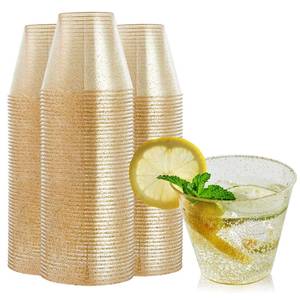 lot 44898 image: FOCUSLINE 9 oz Gold Plastic Cups, Disposable Clear Fancy Hard Plastic Cups, Gold Glitter, Heavy Duty, Reusable,100 Count - Retail $20