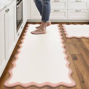 lot 44918 image: Arenarug Scalloped Pink Kitchen Mats Rugs Sets of 2 Cushioned Anti Fatigue Floor Mat Waterproof Kitchen Rugs Non Slip Foam Comfort Standing Mat for Sink Laundry - Retail $43