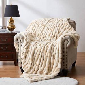 lot 44922 image: WDCOZY Ruched Faux Fur Throw Blanket Soft Cozy Fluffy Luxurious Blankets Couch Bed Sofa Chair Home Decor Warm Furry Fall Winter Plush Rabbit Fur Bubble Blanket 60 x 80, Caramel Beige Camel Neutral - Retail $43