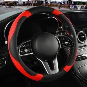 lot 44934 image: Binsheo Microfiber Leather Steering Wheel Cover, Breathable, Anti Slip, 13.5 inch to 14 inch, Black with Red - Retail $16