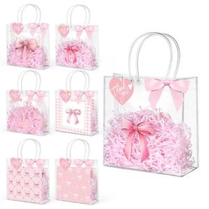 lot 44937 image: Sweetude 24 Set Pink Bow Clear Gift Bags Candy Bag with Handle 8 x 8 x 3 Inch Cute Reusable Plastic Tote Bags with Ribbon Bows for Wedding Birthday Baby Shower Party Supplies - Retail $25