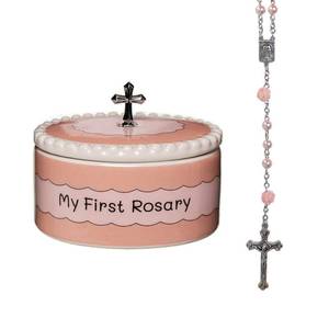 lot 44938 image: Baptism Gifts for Girl - My First Rosary with Keepsake Box, First Communion Gifts for Girls, Baptisms Gifts for Boys or Girls Christening. Pink Rosary, Ceramic Box and Gift Packaging - Retail $20
