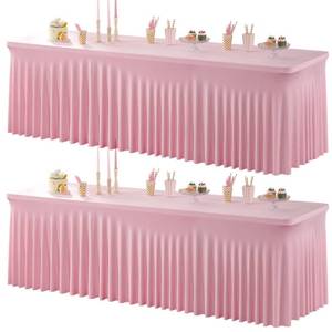 lot 44940 image: Spandex Table Clothes for 8 Foot Rectangle Tables, Pink Stretch Table Cloth 8ft Fitted Tablecloths Desk Skirt for Parties Weddings Birthday Banquet Baby Shower 2 pack - Retail $58