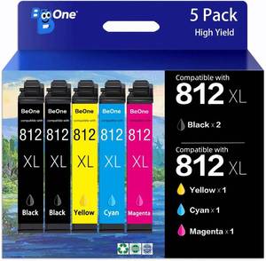lot 44951 image: BeOne 812XL Ink Cartridges Combo Pack High Yield Remanufactured Replacement for 812xl Ink Cartridge Epson 812 812 XL Ink Cartridges for Epson WF-7840 WF-7820 WF-7310 EC-C7000 Printer (5 Pack) - Retail $36