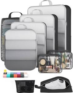 lot 44960 image: Veken 911 Set Compression Packing Cubes for Travel Essentials,Compressible Expandable Large Luggage Suitcase Organizer Bags for Clothing,Durable Space Saver Storage Bags with Toiletry Bags(Black) - Retail $23