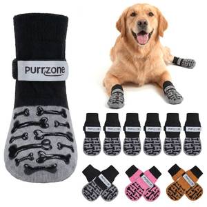 lot 58831 image: Purrzone 6 Pcs Non-Slip Dog Socks with Cute Bone Paw Grips Indoor Dog Socks for Hardwood Floors, Booties for Hot Pavement, Socks for Winter Snow, Paw Protector Socks (Modern Grey, Small) - Retail $13