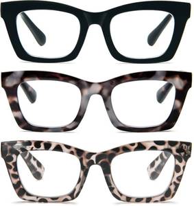lot 58841 image: REAVEE 3 Pack Oprah Style Reading Glasses for Women Blue Light Blocking, Cute Oversized Square Computer Readers with Spring Hinge 1.5 - Retail $12