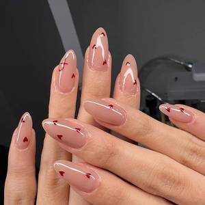 lot 58842 image: 24Pcs Cute Heart Press on Nails Short Medium Valentines Fake Nails with Glue Nude Pink False Nails Almond Nails Press ons Reusable Stick on Nail Valentines Heart Glue on Nail for Women Girls - Retail $5