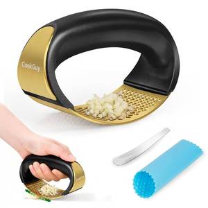 lot 58861 image: Cook Guy 304 Stainless Steel Garlic Press Rocker Set - Premium Garlic Mincer, Crusher, Peeler, and Scraper Tool for Effortless Mincing - Comfortable Grip Garlic Grinder (Gold) - Retail $10