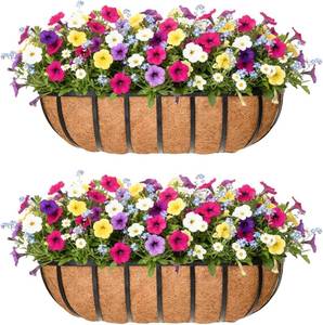 lot 101539 image: 24 Window Box Railing Planter with Coco Liner,2 Pack Horse Trough Planters Black Metal Hanging Flower Planters Basket for Porch Fence Patio Indoor Outdoor Lawn