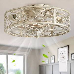 lot 101552 image: SHLUCE Caged Low Profile Ceiling Fan with Light, Farmhouse Flush Mount Ceiling Fans with Lights and Remote, Rustic Bladeless Small Ceiling Fan with Light for Bedroom, Living Room, White