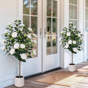 lot 101556 image: Yepdin 47 inch Artificial Camellia Tree with White Flower Pots -2 Pack White Fake Tree,4 Ft Faux Plants Indoor wich Blooming,Artificial Plants for Indoor & Outdoor Home Front Door Decor