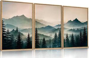 lot 201369 image: HPNIUB Large Green Mountain Framed Canvas Wall Art,Foggy Forest Wall Decor,Modern Watercolor Boho Pine Tree Wall Painting,Nature Mountains Landscape Art Print for Living Room,Bedroom,Office-16 x24 x3
