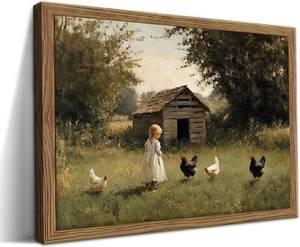 lot 201377 image: Vintage Country Framed Wall Art, Little Girl and Chick Canvas Prints, Rustic Landscape Picture Painting, Pastoral Farmhouse Wall Decor for Living Room Bedroom   Dark Wooden Frame 12x16in