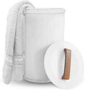 lot 201393 image: SAMEAT Heated Towel Warmers for Bathroom - Large Towel Warmer Bucket, Wood Handle, Auto Shut Off, Fits Up to Two 40X70 Oversized Towels, White
