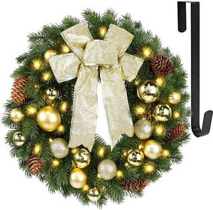 lot 301380 image: Hausse Lighted Christmas Wreath with Metal Hanger, Pre-lit Xmas Wreath with Large Golden Bow & Balls, Battery Operated with 40 LEDs Lights, for Front Door Gate Wall Christmas Party Decorations