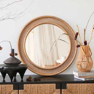 lot 301381 image: Retails for $126 Micasso Round Rattan Wall Mirror 30 Purely Handmade Wooden Frame Wicker Mirror - Rustic Shabby Chic Boho Bamboo Mirrors for FarmhouseBathroomBedroomLiving RoomEntrywayHome Decor