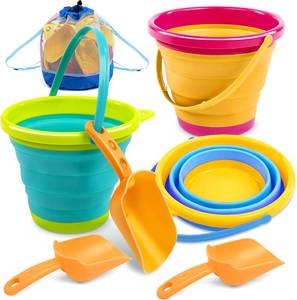 lot 301401 image: JOYIN 3 Packs Foldable Pail Bucket with Shovels & Mesh Bag, Collapsible Buckets Multi Purpose for Beach, Camping Gear, Beach Party, Fishing, and Fun Summer Activities (YellowBlueGreen)