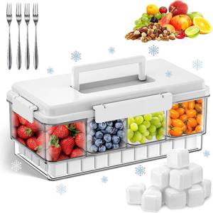 lot 301426 image: Palksky Snackle Box Container with Ice Pack, Travel Snack Container with Handle, Chilled Portable Divided Serving Tray with Lid, 4 Compartment Snack Box for Fruits,Veggies,Snacks,Keep Food Cold