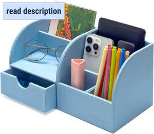 lot 301421 image: UnionBasic Desk Organizer - Multifunctional Leather Desktop Pen Holder Storage Box - Business CardPenPencilMobile PhoneStationery Holder, Blue