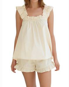 lot 2325 image: Xfileen Womens Summer 2 Piece Set Fashion Ruffle Trim Cami and Casual Shorts Set Cotton Pajama Sets Yellow medium - Retail $25