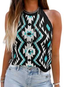 lot 2375 image: MARZXIN Women Sleeveless Sweater Tank Round Neck Casual Aztec Geometric Knit Sweater Top Laurel Black S - Retail $23
