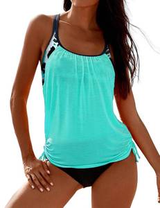 lot 2376 image: SHESHOW 2 Piece Tankini Swimsuits for Women Scoop Neck Ruched Blouson and Bottom Blue Leopard Bathing Suits XL - Retail $40