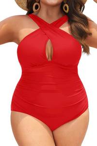 lot 2377 image: Daci Women Plus Size Swimsuits Tummy Control Red One Piece Bathing Suits Front Cross Keyhole Swimwear Red 24 Plus - Retail $35