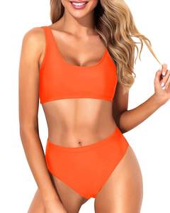lot 2378 image: Tempt Me Women Orange Two Piece Scoop Neck Bikini Crop Top Swimsuit Sporty High Waisted Bathing Suit L - Retail $34