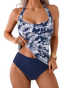 lot 2379 image: Eomenie Womens Halter Tankini Bathing Suit Ruched Tummy Control Two Piece Swimsuit with Bottom Large - Retail $40