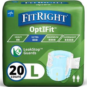lot 2407 image: FitRight Adult Diapers, Ultra Heavy Absorbency, L (Waist Size 44in-56in), 20 Count, OptiFit Incontinence Briefs for Men and Women, Disposable, Moisture-Wicking, Leak Protection
