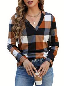 lot 2439 image: Womens Fashion Shirts Plaid Print V-Neck Cuffed Long Sleeve Casual Tops Blouses Shirts Orange Medium