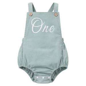 lot 2461 image: Baby Girls Boys Boho 1st Birthday Outfit Corduroy Solid Color Cake Smash Overalls Romper Sleeveless Backless One Letter Print First Birthday Outfits Clothes for Photo Shoot Green One 12-18 Months - Retail $22